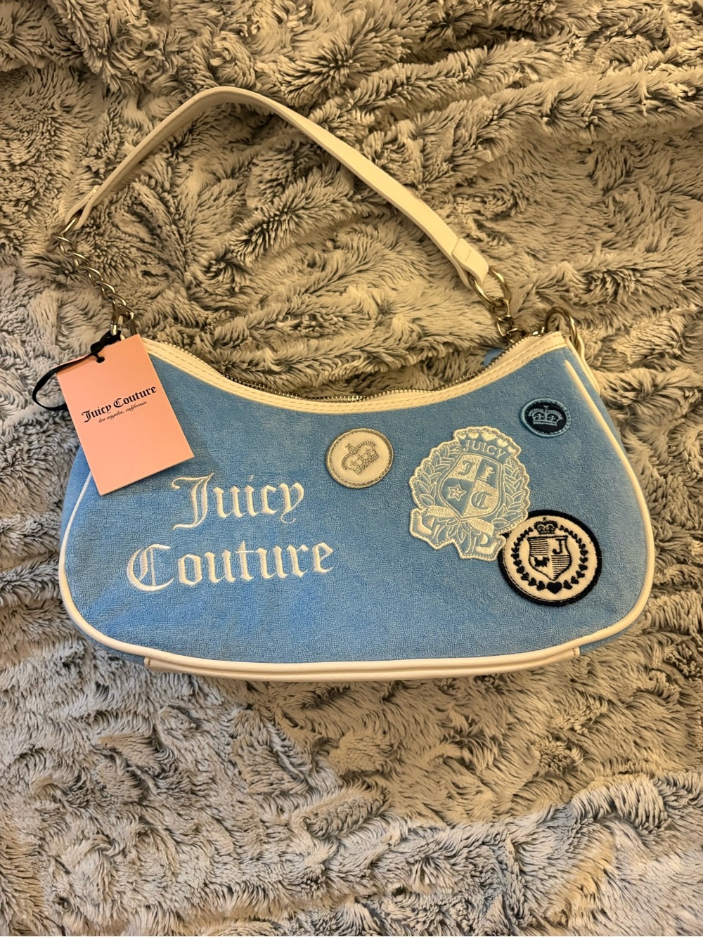 Juicy Couture Sky Blue Velour Shoulder Bag with Cream Trim